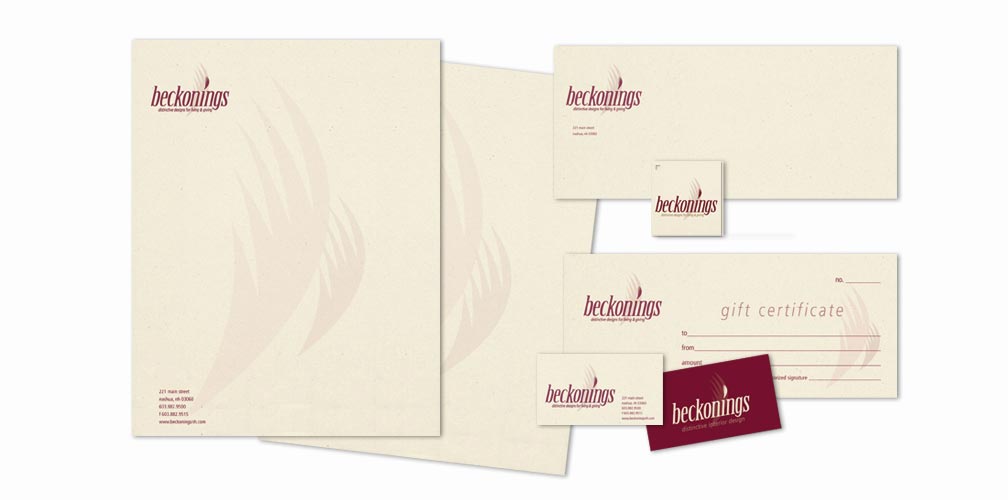 Branding, letterhead, second sheet, #10 envelope, gift certificate and business cards for Beckonings